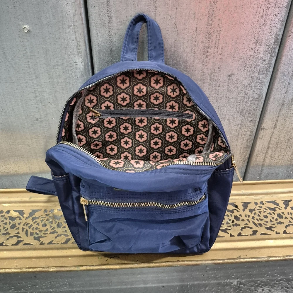 Kedzie Mini Backpack In Navy Blue Satin With Zipper Compartments